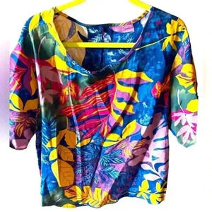 Emery Rose 3X blue hawaiian tropical cotton top. Scoop neck short sleeve. EUC